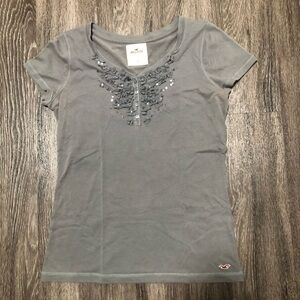 Hollister Gray Sequin & Ruffle V-Neck T-shirt
